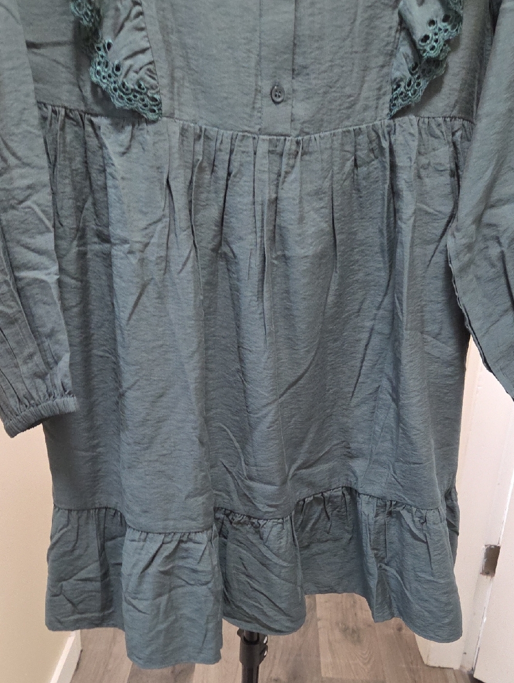 NWT b.young Dark Green Ruffle Button Front Dress | Victorian Boho Prairie - Picture 7 of 12